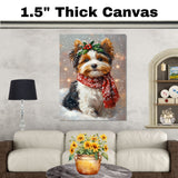 Biewer with Christmas Dog Wall Art with Red Scarf and Holly Wreath for Winter Snow Festive Puppy Holiday Artwork on Flat Rolled, Framed or Wrapped Canvas