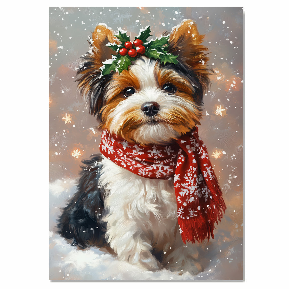 Biewer with Christmas Dog Wall Art with Red Scarf and Holly Wreath for Winter Snow Festive Puppy Holiday Artwork on Flat Rolled, Framed or Wrapped Canvas