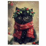 Black Cat Christmas Wall Art with Red Scarf and Holly Wreath for Winter Snow Festive Puppy Holiday Artwork on Flat Rolled, Framed or Wrapped Canvas