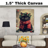 Black Cat Christmas Wall Art with Red Scarf and Holly Wreath for Winter Snow Festive Puppy Holiday Artwork on Flat Rolled, Framed or Wrapped Canvas