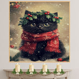 Black Cat Christmas Wall Art with Red Scarf and Holly Wreath for Winter Snow Festive Puppy Holiday Artwork on Flat Rolled, Framed or Wrapped Canvas