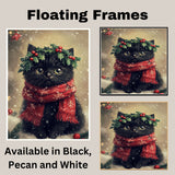 Black Cat Christmas Wall Art with Red Scarf and Holly Wreath for Winter Snow Festive Puppy Holiday Artwork on Flat Rolled, Framed or Wrapped Canvas