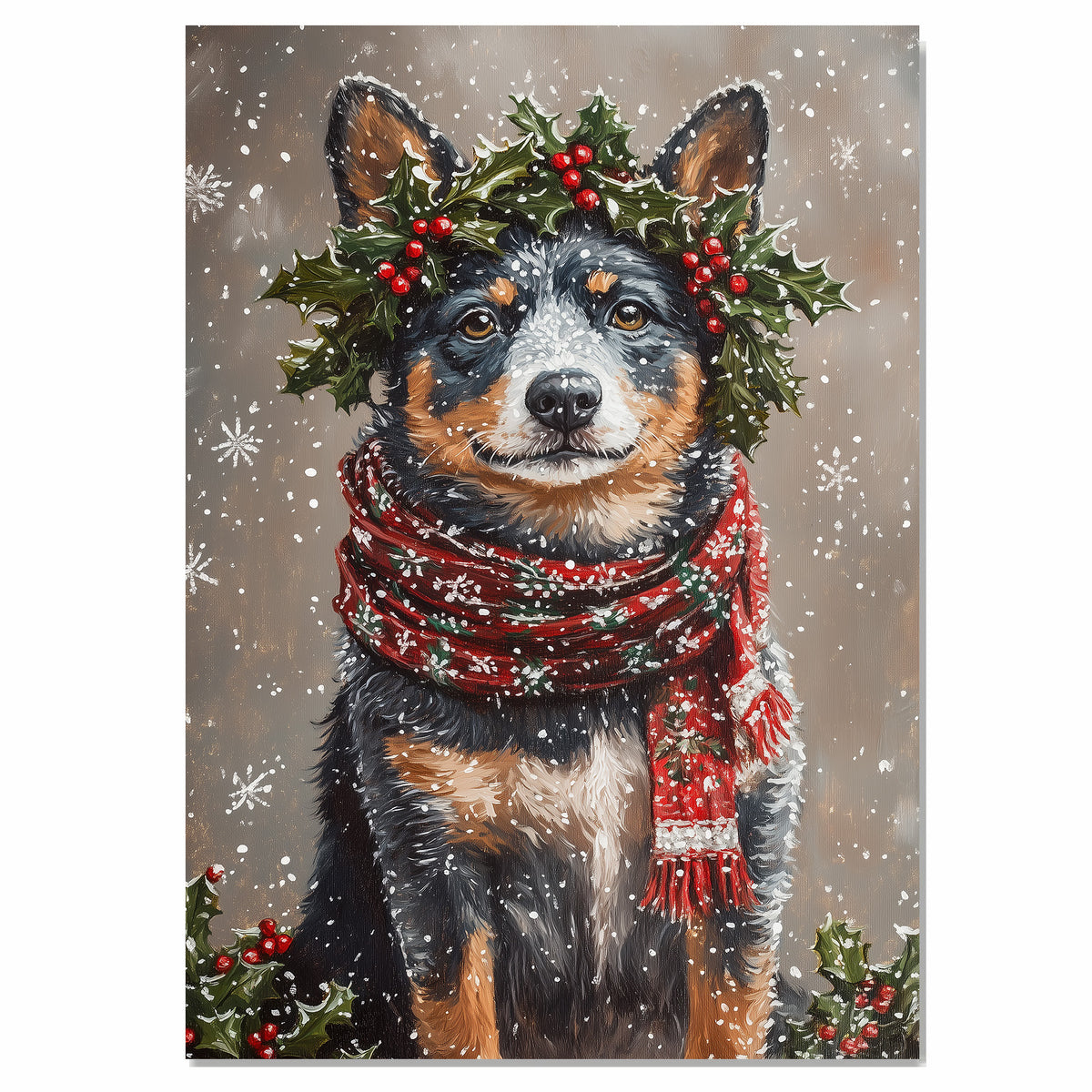 Blue Heeler Christmas Dog Wall Art with Red Scarf and Holly Wreath for Winter Snow Festive Puppy Holiday Artwork on Flat Rolled, Framed or Wrapped Canvas