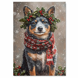 Blue Heeler Christmas Dog Wall Art with Red Scarf and Holly Wreath for Winter Snow Festive Puppy Holiday Artwork on Flat Rolled, Framed or Wrapped Canvas