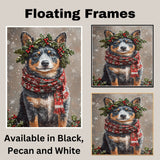 Blue Heeler Christmas Dog Wall Art with Red Scarf and Holly Wreath for Winter Snow Festive Puppy Holiday Artwork on Flat Rolled, Framed or Wrapped Canvas