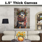 Blue Heeler Christmas Dog Wall Art with Red Scarf and Holly Wreath for Winter Snow Festive Puppy Holiday Artwork on Flat Rolled, Framed or Wrapped Canvas