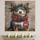 Blue Heeler Christmas Dog Wall Art with Red Scarf and Holly Wreath for Winter Snow Festive Puppy Holiday Artwork on Flat Rolled, Framed or Wrapped Canvas