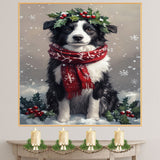 Border Collie Christmas Dog Wall Art with Red Scarf and Holly Wreath for Winter Snow Festive Puppy Holiday Artwork on Flat Rolled, Framed or Wrapped Canvas