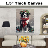 Border Collie Christmas Dog Wall Art with Red Scarf and Holly Wreath for Winter Snow Festive Puppy Holiday Artwork on Flat Rolled, Framed or Wrapped Canvas