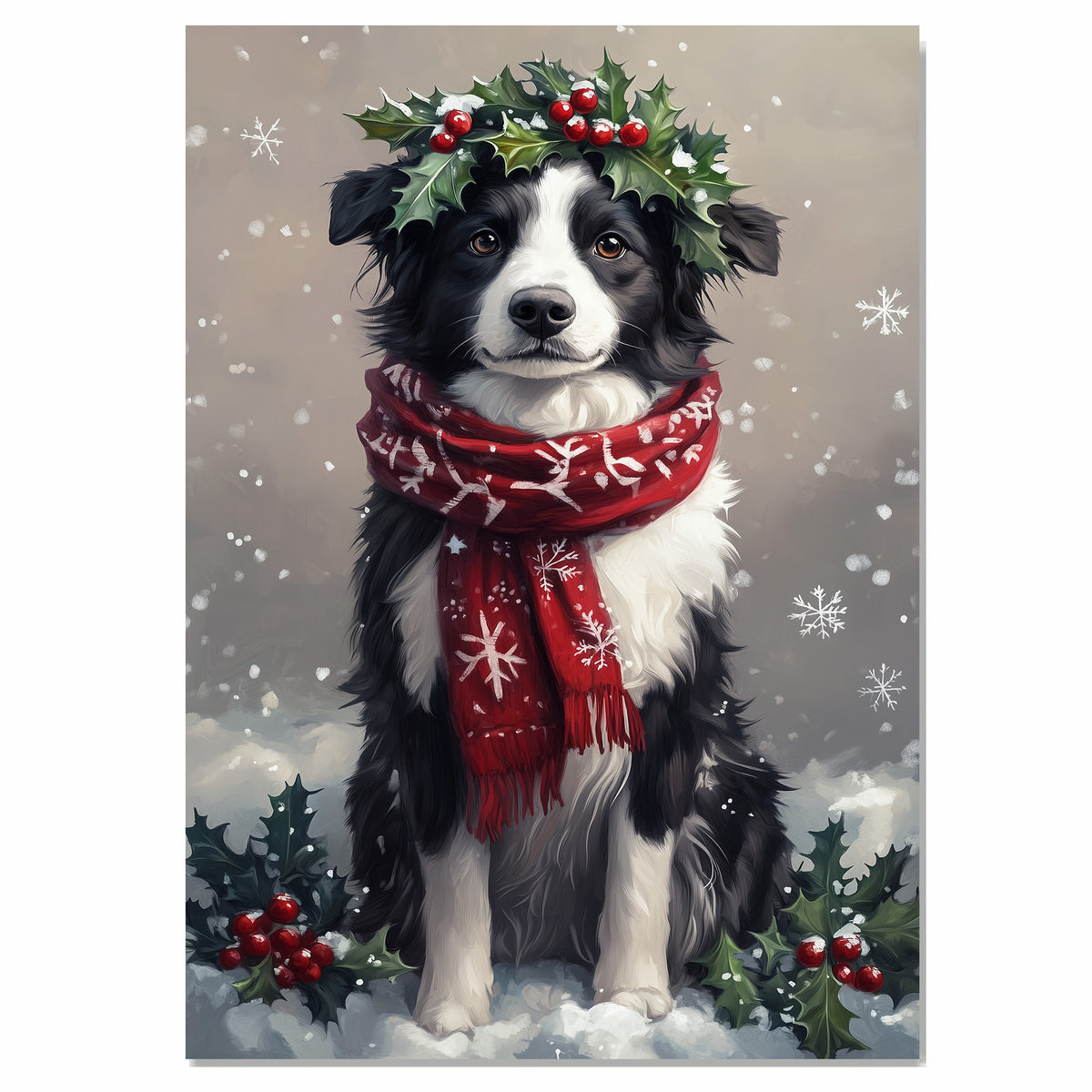 Border Collie Christmas Dog Wall Art with Red Scarf and Holly Wreath for Winter Snow Festive Puppy Holiday Artwork on Flat Rolled, Framed or Wrapped Canvas
