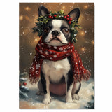 Boston Terrier Christmas Dog Wall Art with Red Scarf and Holly Wreath for Winter Snow Festive Puppy Holiday Artwork on Flat Rolled, Framed or Wrapped Canvas