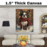 Boston Terrier Christmas Dog Wall Art with Red Scarf and Holly Wreath for Winter Snow Festive Puppy Holiday Artwork on Flat Rolled, Framed or Wrapped Canvas