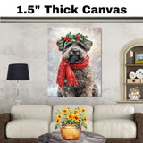 Bouvier des Flandres Christmas Dog Wall Art with Red Scarf and Holly Wreath for Winter Snow Festive Puppy Holiday Artwork on Flat Rolled, Framed or Wrapped Canvas
