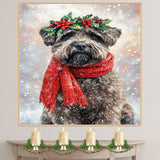 Bouvier des Flandres Christmas Dog Wall Art with Red Scarf and Holly Wreath for Winter Snow Festive Puppy Holiday Artwork on Flat Rolled, Framed or Wrapped Canvas