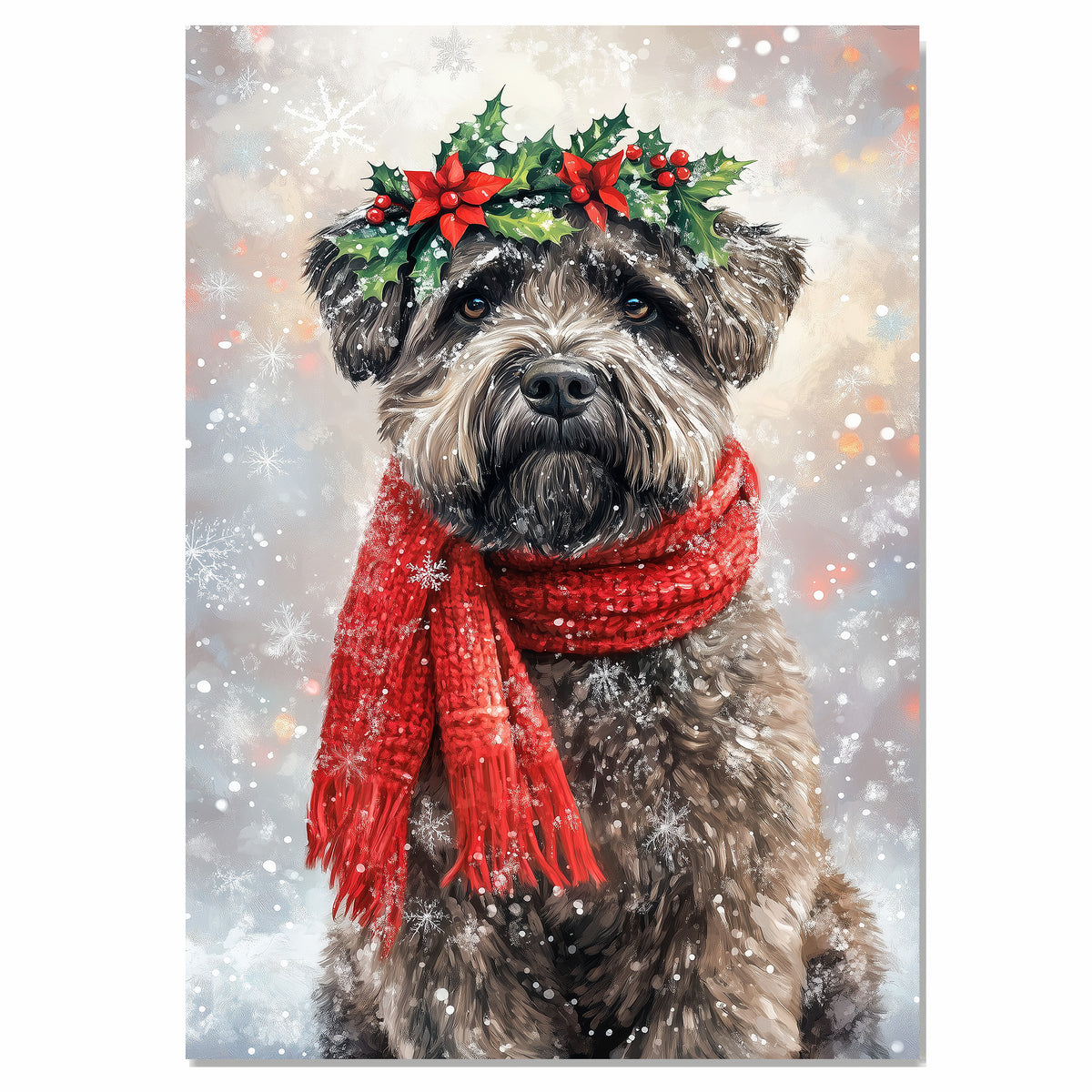 Bouvier des Flandres Christmas Dog Wall Art with Red Scarf and Holly Wreath for Winter Snow Festive Puppy Holiday Artwork on Flat Rolled, Framed or Wrapped Canvas