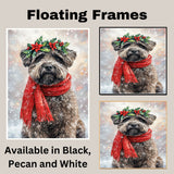 Bouvier des Flandres Christmas Dog Wall Art with Red Scarf and Holly Wreath for Winter Snow Festive Puppy Holiday Artwork on Flat Rolled, Framed or Wrapped Canvas