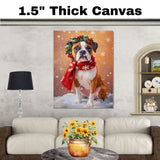 Boxer Christmas Dog Wall Art with Red Scarf and Holly Wreath for Winter Snow Festive Puppy Holiday Artwork on Flat Rolled, Framed or Wrapped Canvas
