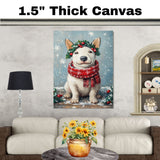 Bull Terrier Christmas Dog Wall Art with Red Scarf and Holly Wreath for Winter Snow Festive Puppy Holiday Artwork on Flat Rolled, Framed or Wrapped Canvas