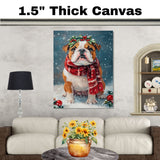 Bulldog Christmas Dog Wall Art with Red Scarf and Holly Wreath for Winter Snow Festive Puppy Holiday Artwork on Flat Rolled, Framed or Wrapped Canvas