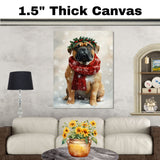 Bullmastiff Christmas Dog Wall Art with Red Scarf and Holly Wreath for Winter Snow Festive Puppy Holiday Artwork on Flat Rolled, Framed or Wrapped Canvas