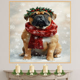 Bullmastiff Christmas Dog Wall Art with Red Scarf and Holly Wreath for Winter Snow Festive Puppy Holiday Artwork on Flat Rolled, Framed or Wrapped Canvas