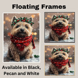 Cairn Terrier Christmas Dog Wall Art with Red Scarf and Holly Wreath for Winter Snow Festive Puppy Holiday Artwork on Flat Rolled, Framed or Wrapped Canvas