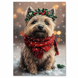 Cairn Terrier Christmas Dog Wall Art with Red Scarf and Holly Wreath for Winter Snow Festive Puppy Holiday Artwork on Flat Rolled, Framed or Wrapped Canvas