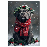 Cane Corso Christmas Dog Wall Art with Red Scarf and Holly Wreath for Winter Snow Festive Puppy Holiday Artwork on Flat Rolled, Framed or Wrapped Canvas