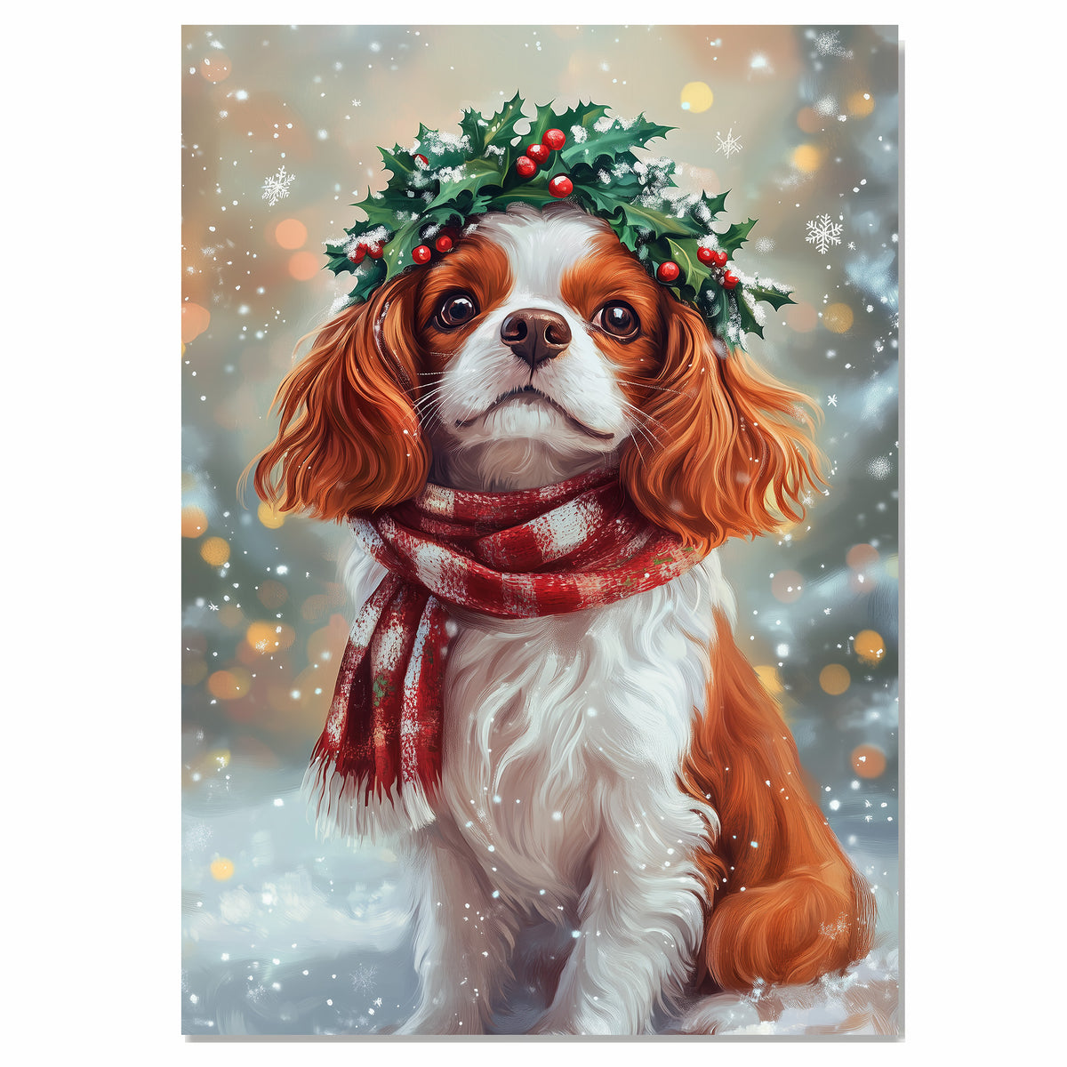 Cavalier King Charles Spaniel Christmas Dog Wall Art with Red Scarf and Holly Wreath for Winter Snow Festive Puppy Holiday Artwork on Flat Rolled, Framed or Wrapped Canvas