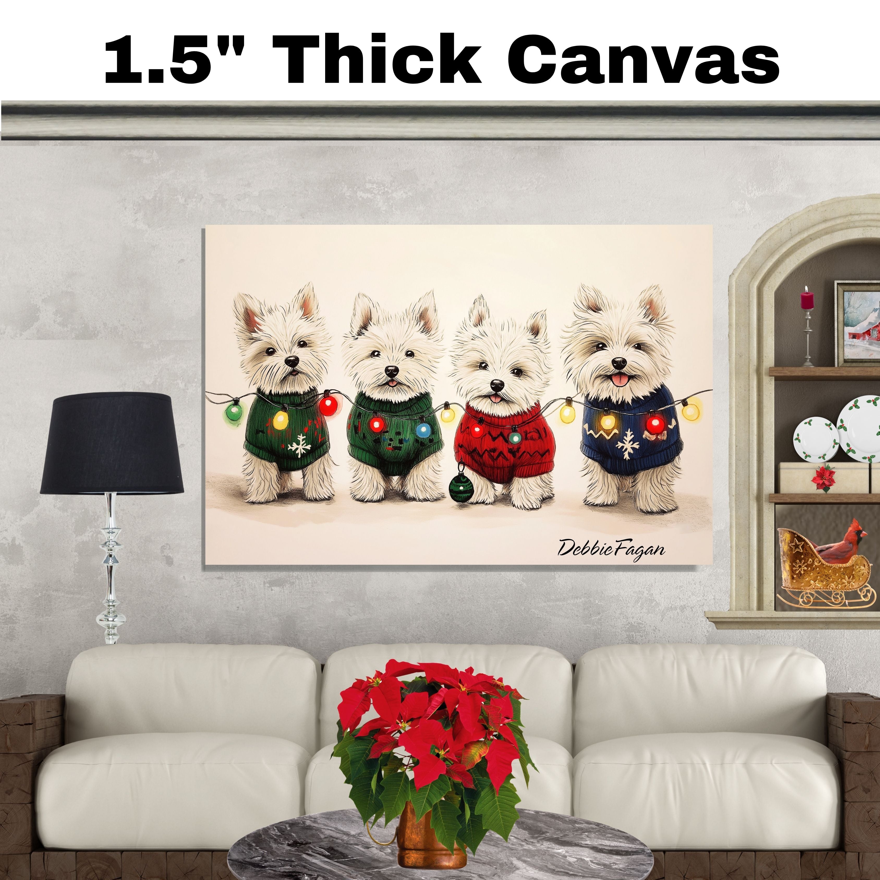 Dog Christmas Canvas  - "Winter Wonder Westies" - West Highland Terriers in Festive Sweaters & Christmas Lights on Ready to Hang 1.5" Thick Canvas Wrap, Floating Framed Canvas, Flat Rolled Canvas