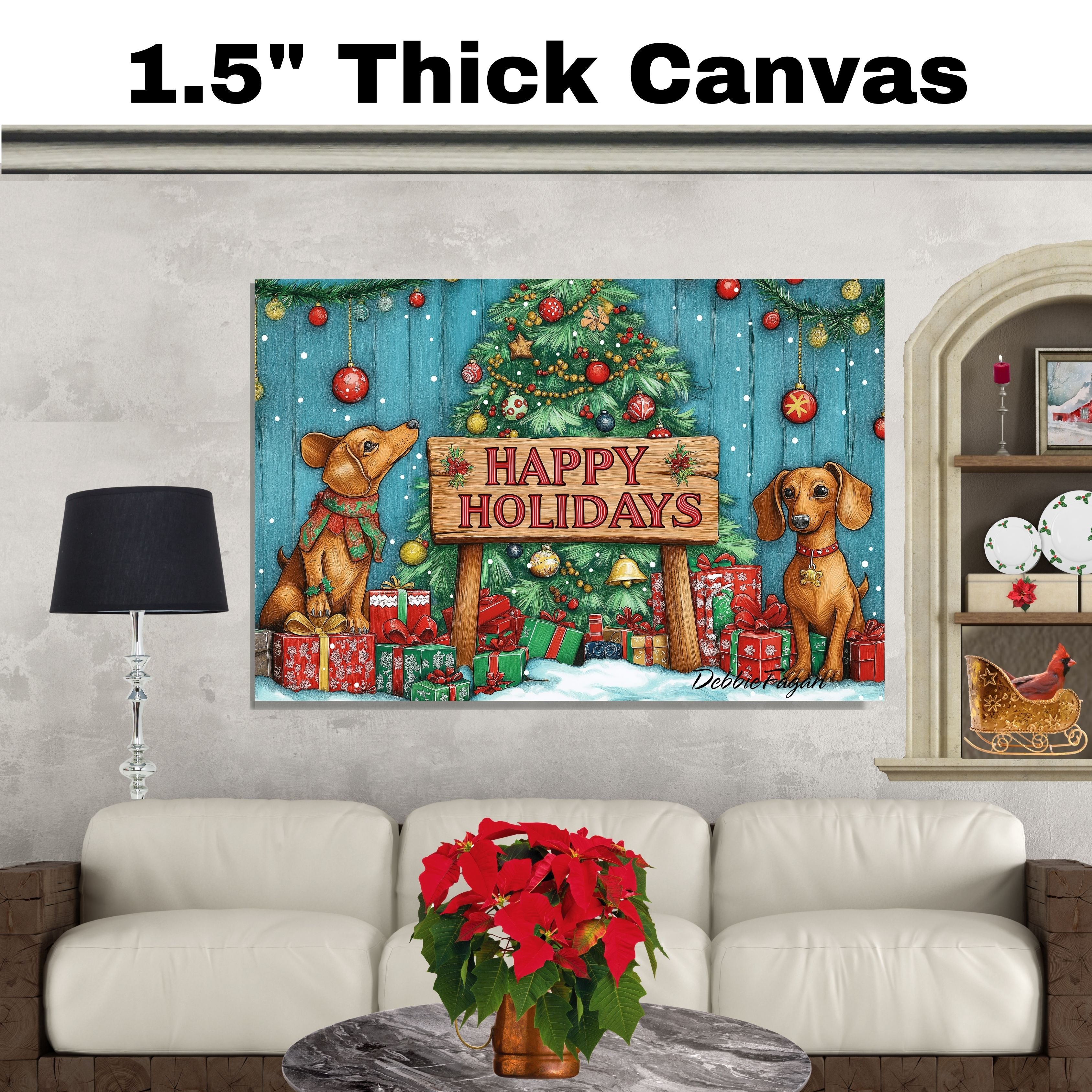 "Puppy Wonderland" - Adorable Puppies Playing in Winter Snow with Festive Christmas Trees and Presents on Ready to Hang 1.5" Thick Canvas Wrap, Floating Framed Canvas, Flat Rolled Canvas