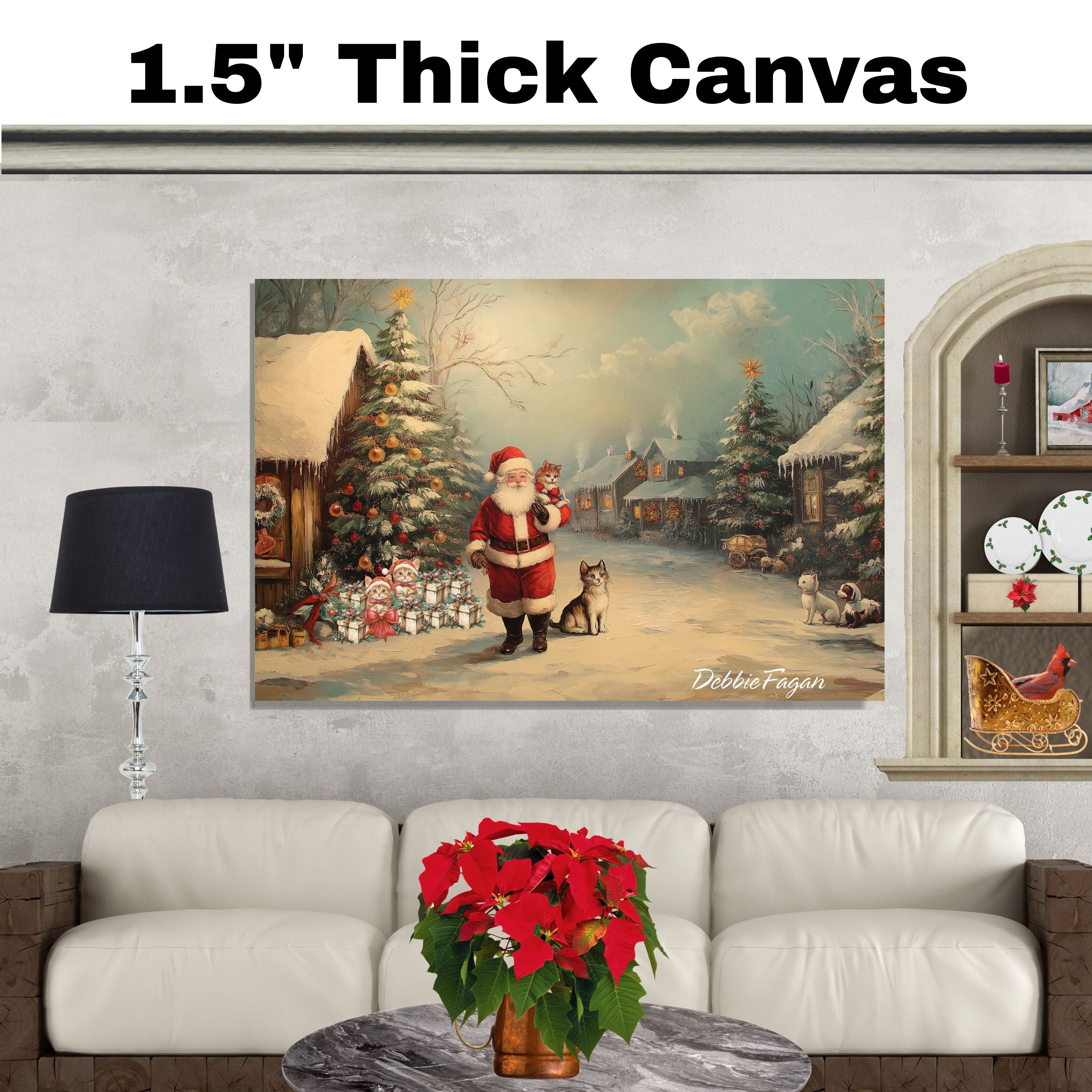 ÒPaws and Claws Christmas VillageÓ - Santa Surrounded by Furry Friends in a Festive Pet-Friendly Wonderland on Ready to Hang 1.5" Thick Canvas Wrap, Floating Framed Canvas, Flat Rolled Canvas