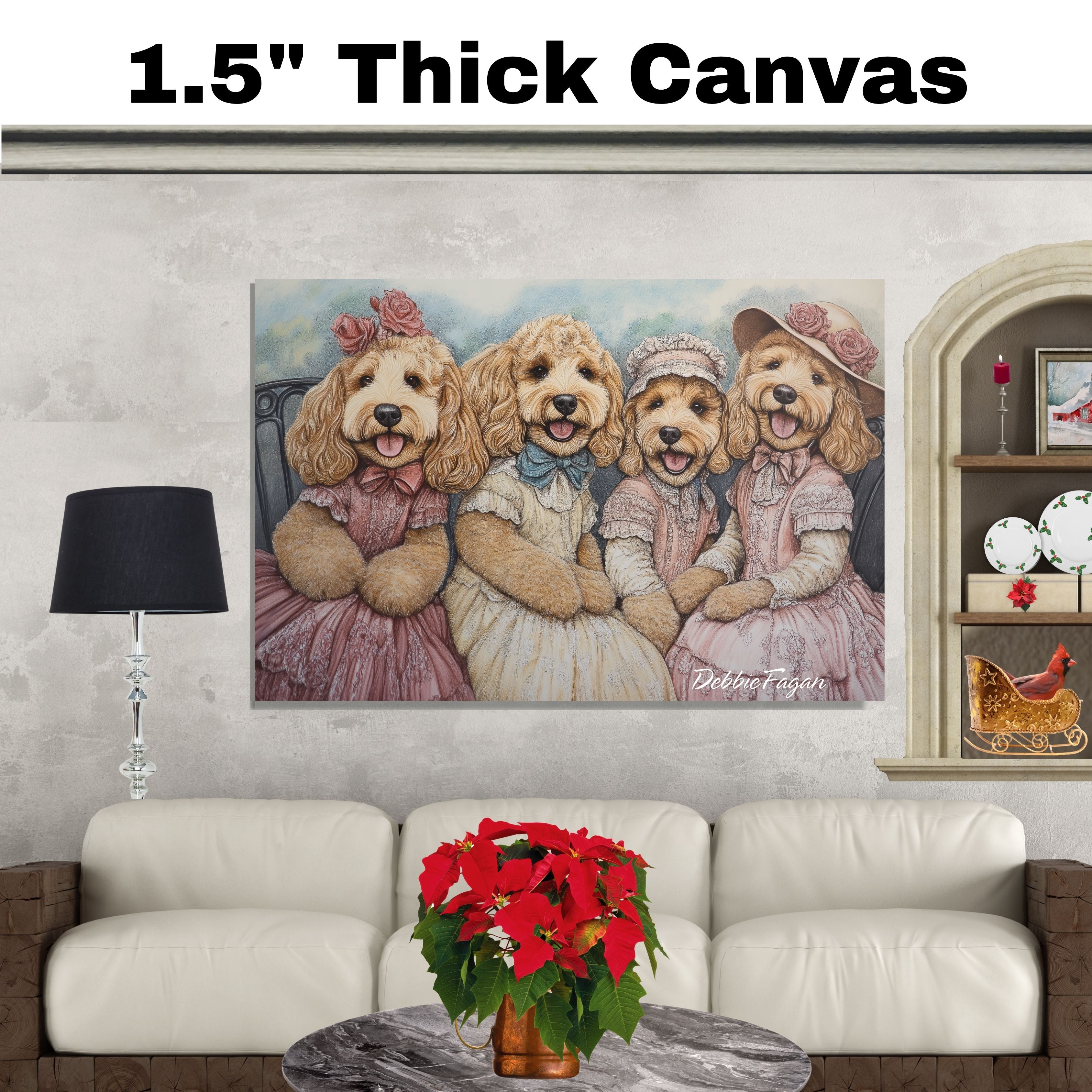 Dog Christmas Canvas  - "Victorian Doodle Charm" - Adorable Goldendoodles Dressed in Elegant Victorian Attire on Ready to Hang 1.5" Thick Canvas Wrap, Floating Framed Canvas, Flat Rolled Canvas