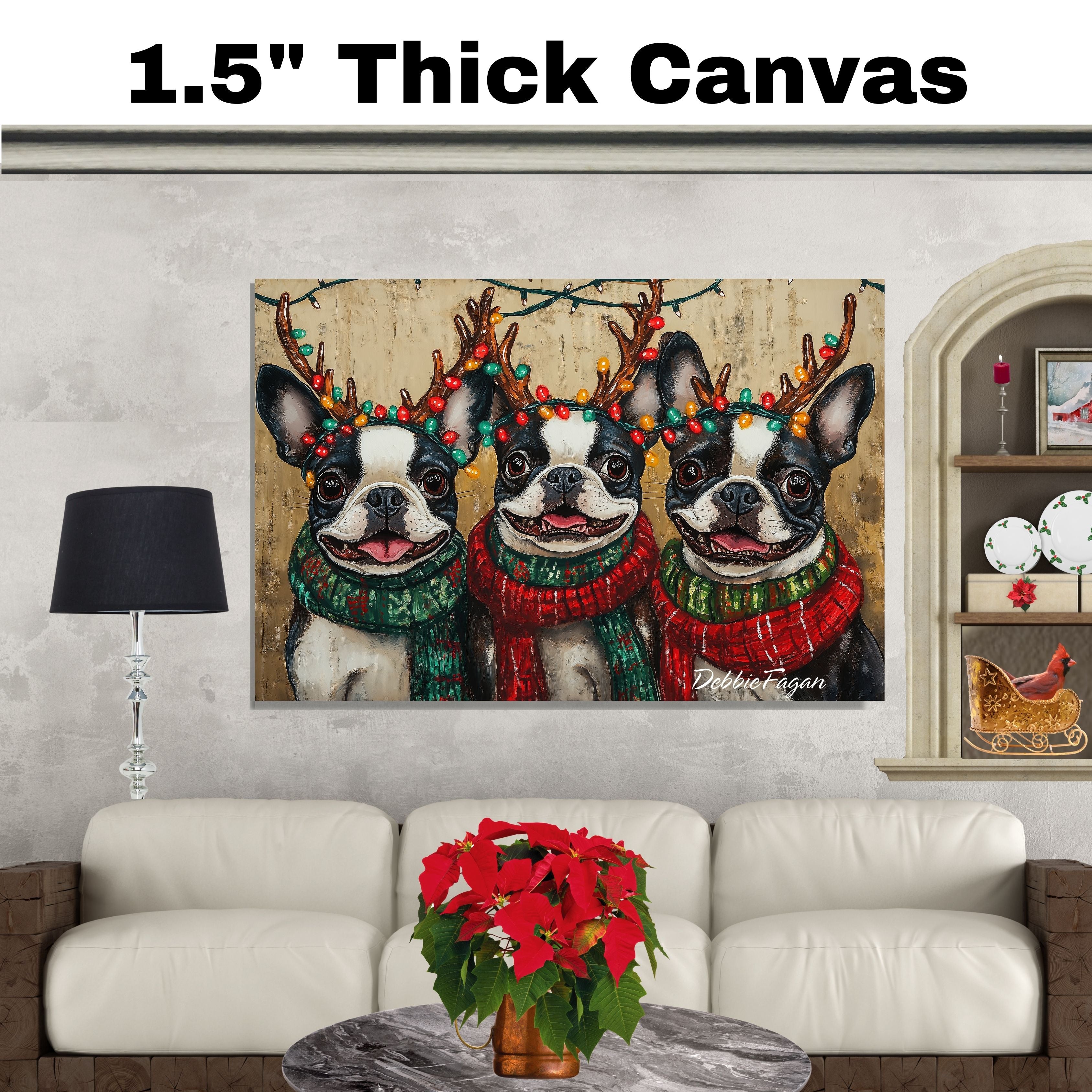 "Festive Frenchies" - Portraits of Adorable French Buldogs in Colorful Bulb Antlers & Cozy Scarves on Ready to Hang 1.5" Thick Canvas Wrap, Floating Framed Canvas, Flat Rolled Canvas