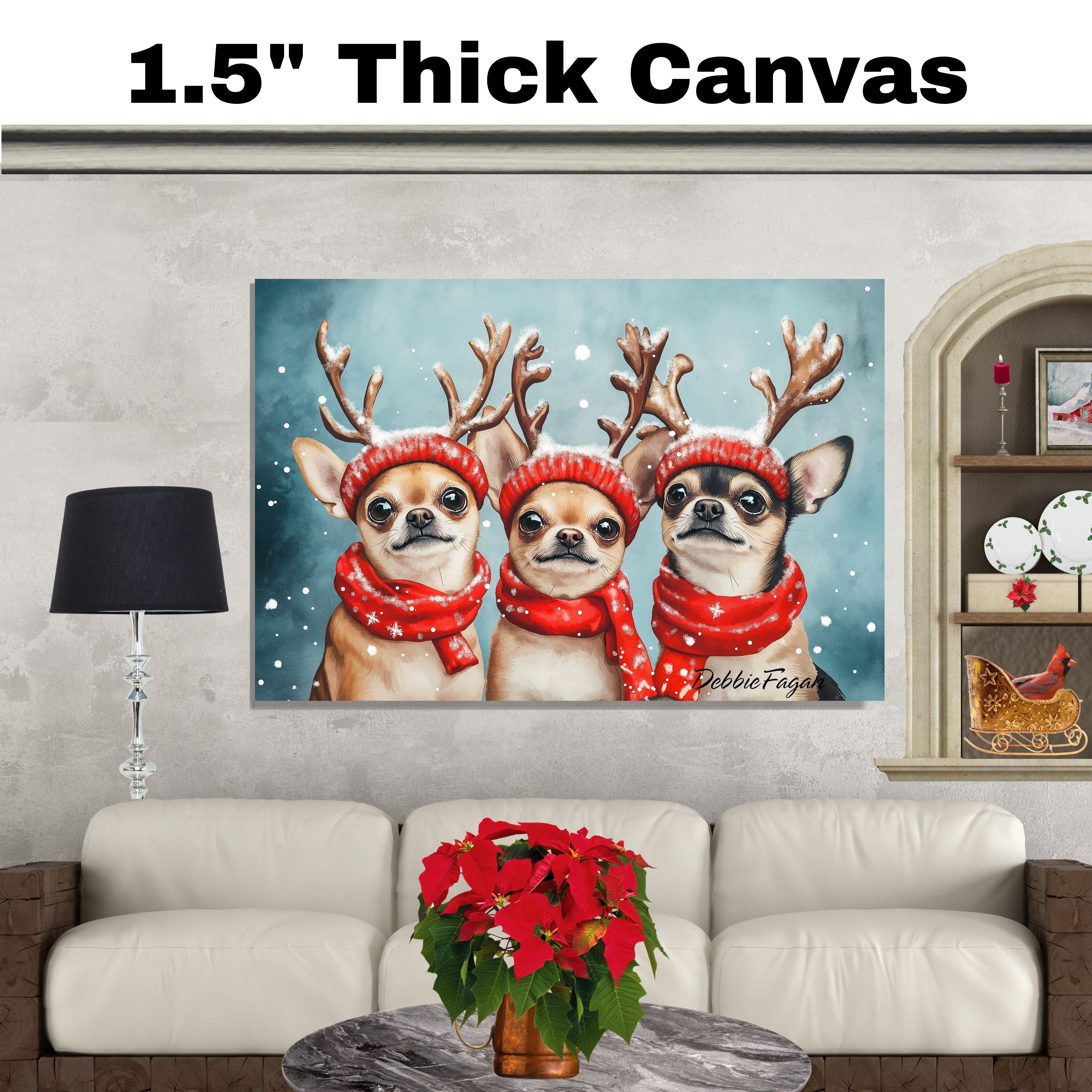 Dog Christmas Canvas  - "Chilly Chihuahuas" - Charming Chihuahua Dogs in Antlers Amidst Winter Snow on Ready to Hang 1.5" Thick Canvas Wrap, Floating Framed Canvas, Flat Rolled Canvas