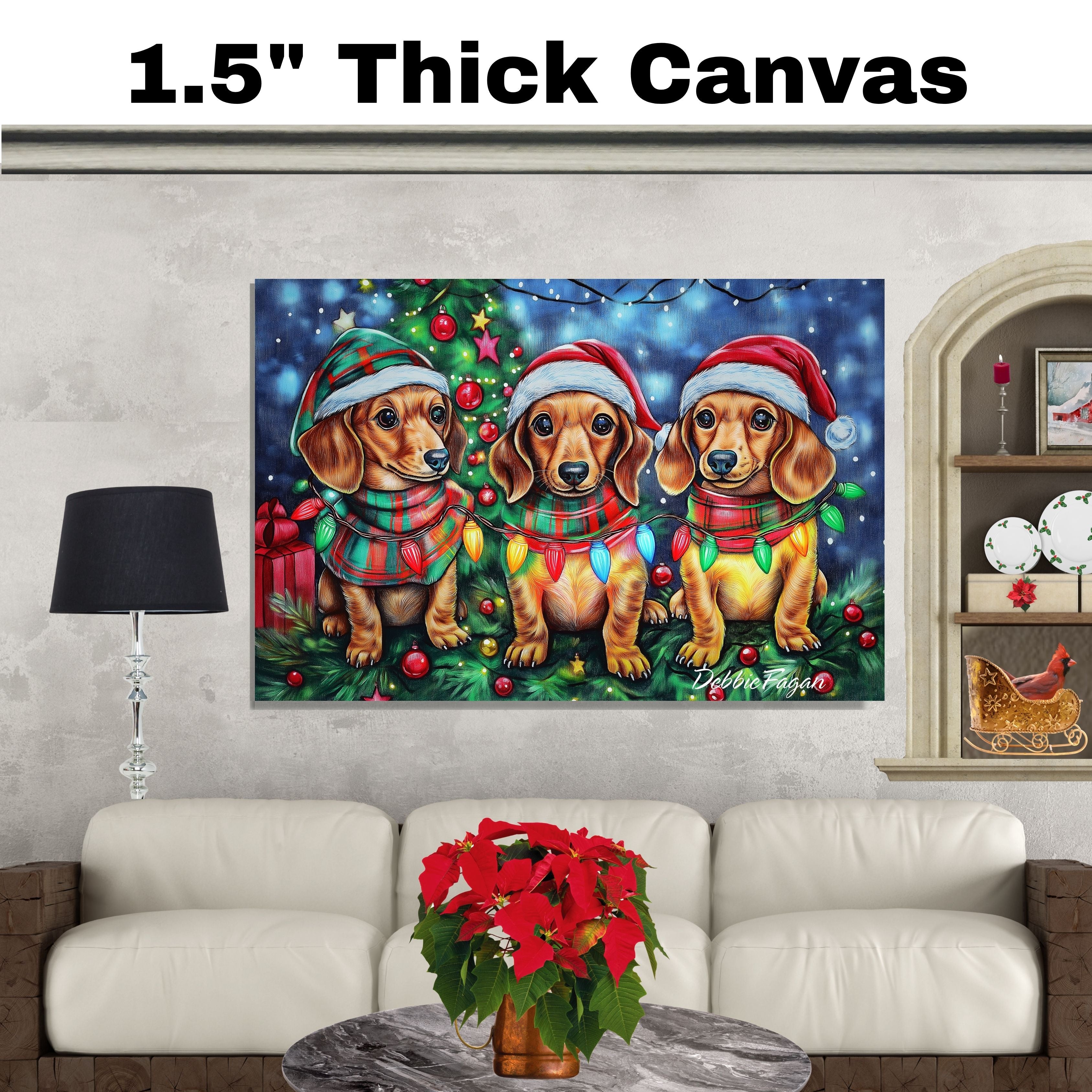 Doxie Christmas Canvas - "Wiener Wonder" - Festive Pups in Cozy Winter Wear Dressed with Twinkling Christmas Lights on Ready to Hang 1.5" Thick Canvas Wrap, Floating Framed Canvas, Flat Rolled Canvas