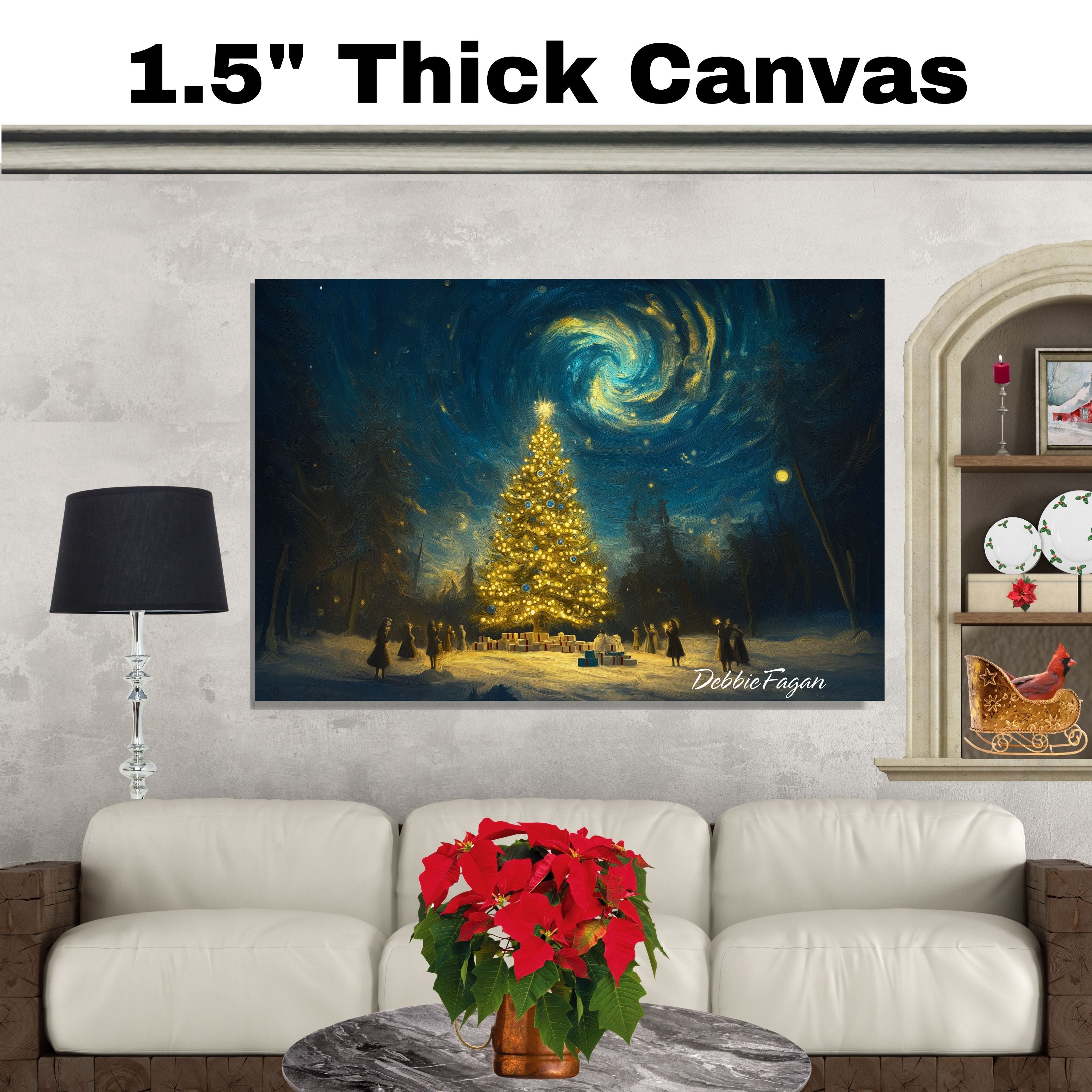 A Surreal Night Scene of a Glowing Christmas Tree on Ready to Hang 1.5" Thick Canvas Wrap, Floating Framed Canvas, Flat Rolled Canvas