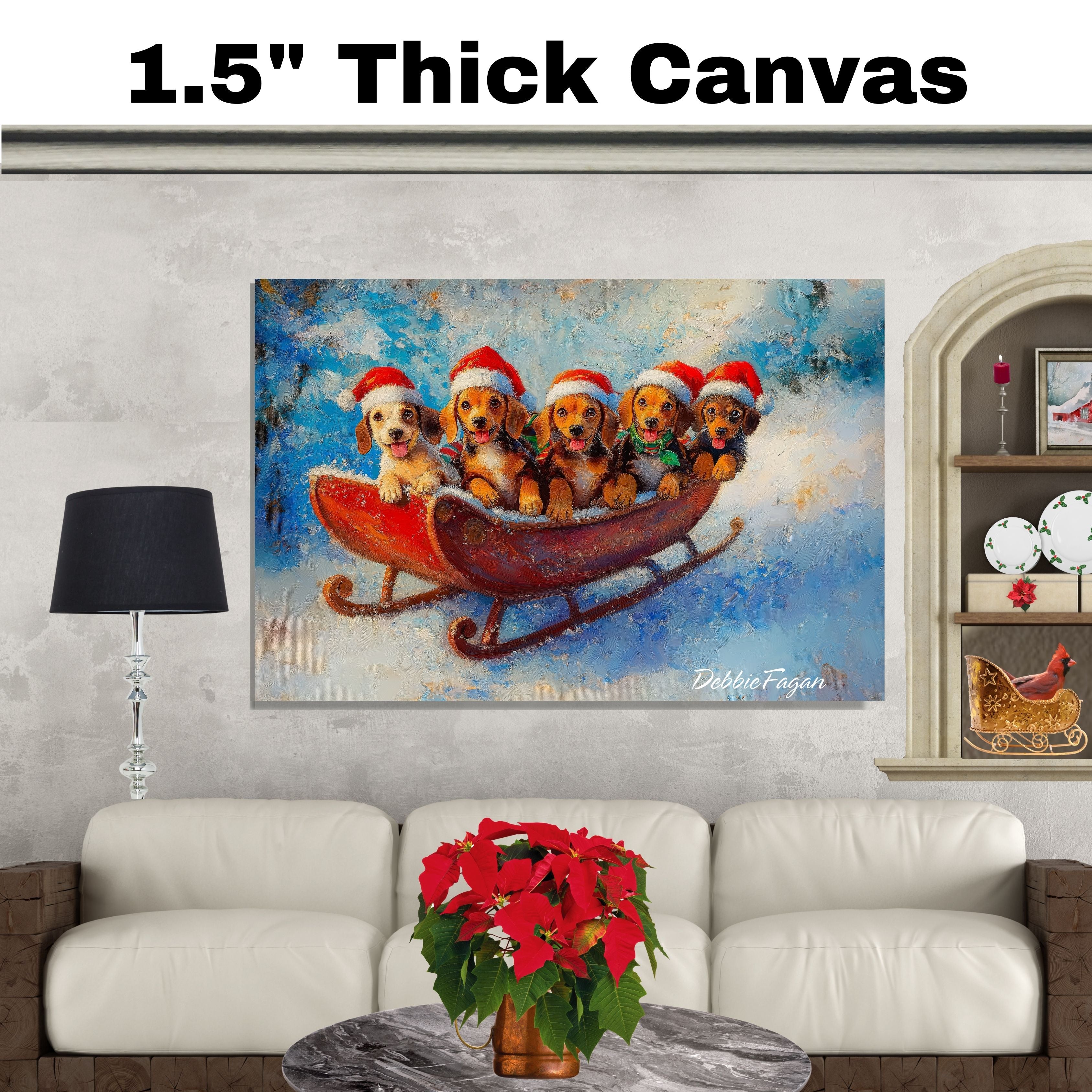 Dog Christmas Canvas  - "Puppy Joyride" - Adorable Puppies in Santa Hats on a Sleigh in Winter Wonderland on Ready to Hang 1.5" Thick Canvas Wrap, Floating Framed Canvas, Flat Rolled Canvas