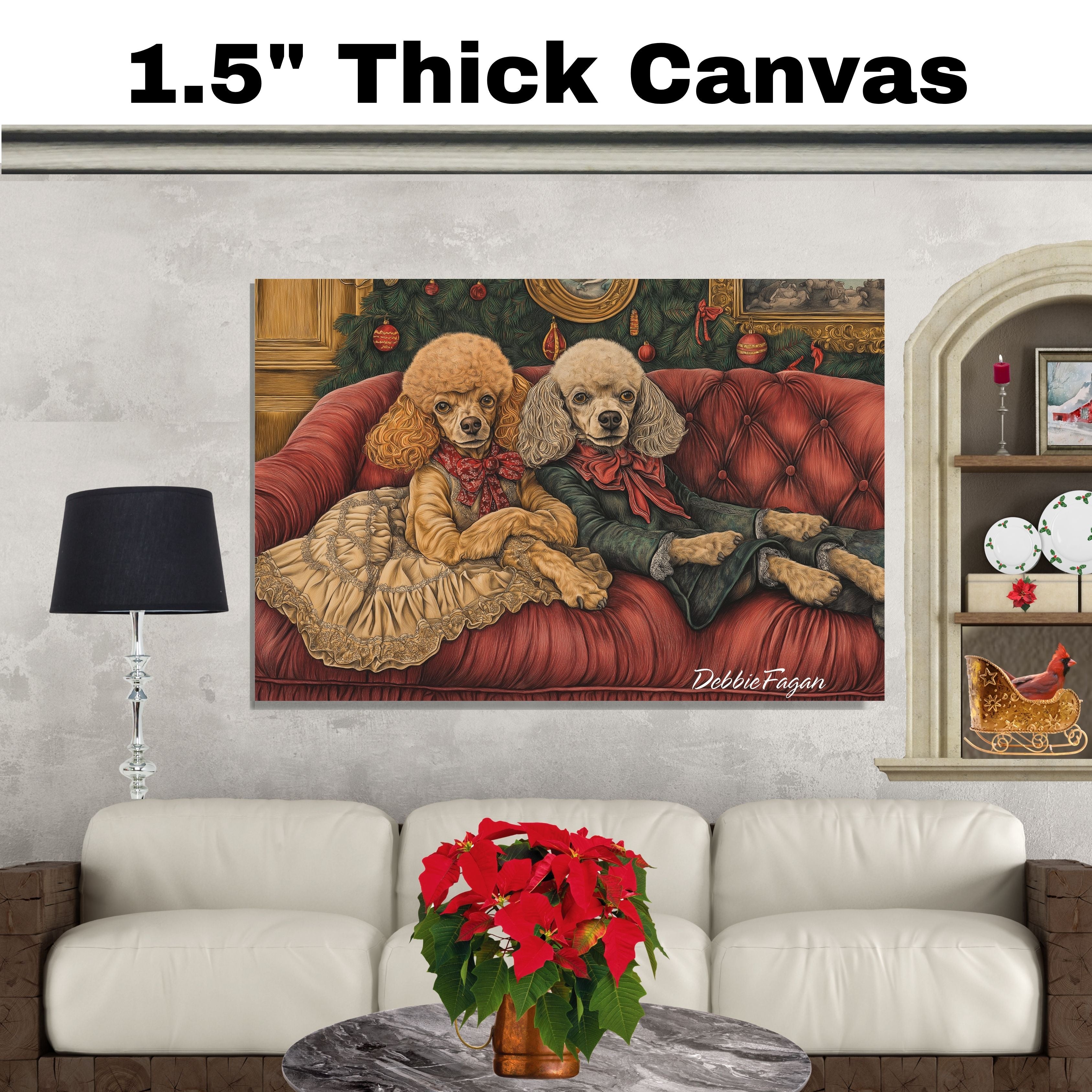 Dog Christmas Canvas  - "Poodle Pampering" - Elegant Poodles Lounging on a Vintage Red Ornate Sofa on Ready to Hang 1.5" Thick Canvas Wrap, Floating Framed Canvas, Flat Rolled Canvas