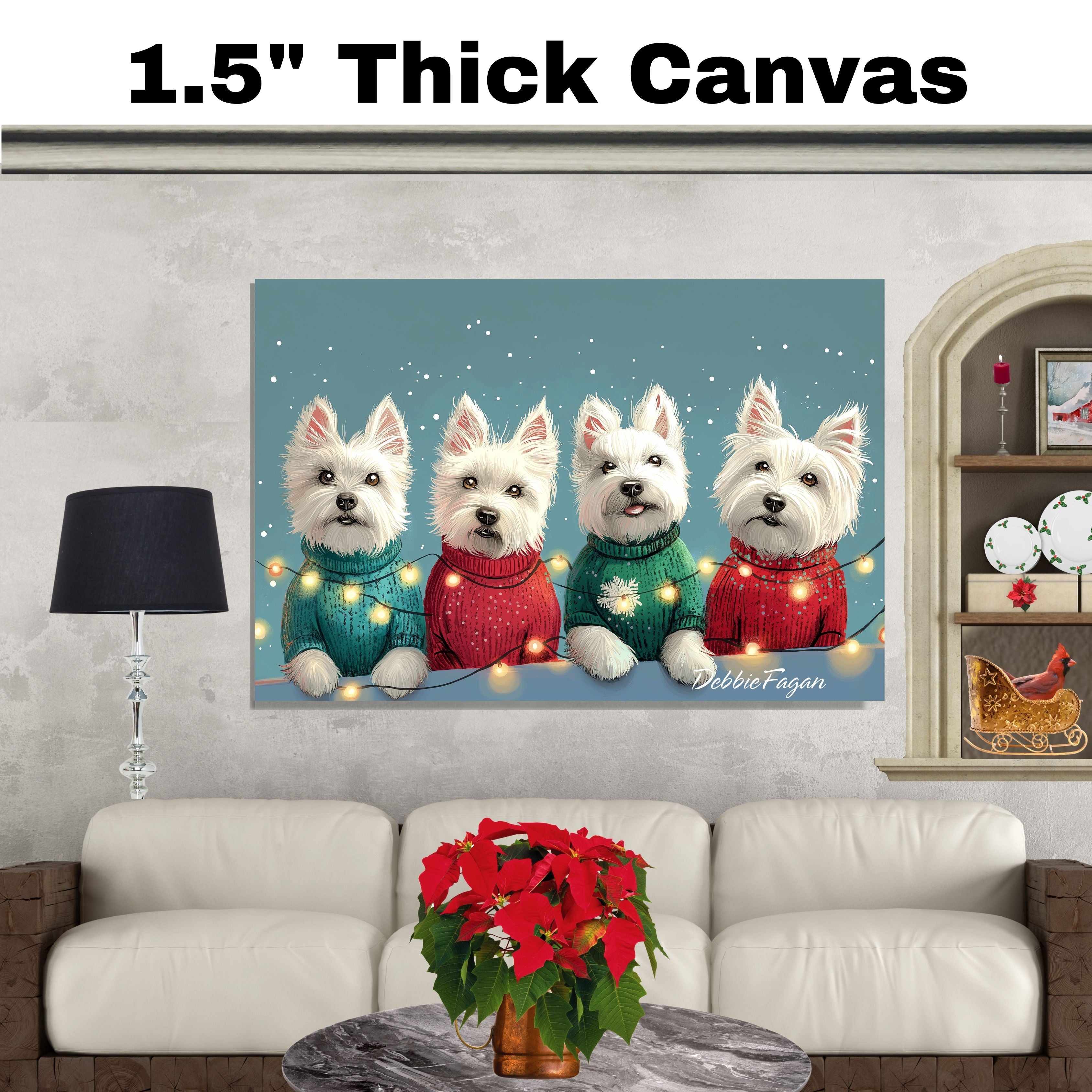 Dog Christmas Canvas  - "Westie Wonderland" - West Highland Terriers in Festive Sweaters Wrapped in Christmas Lights on Ready to Hang 1.5" Thick Canvas Wrap, Floating Framed Canvas, Flat Rolled Canvas