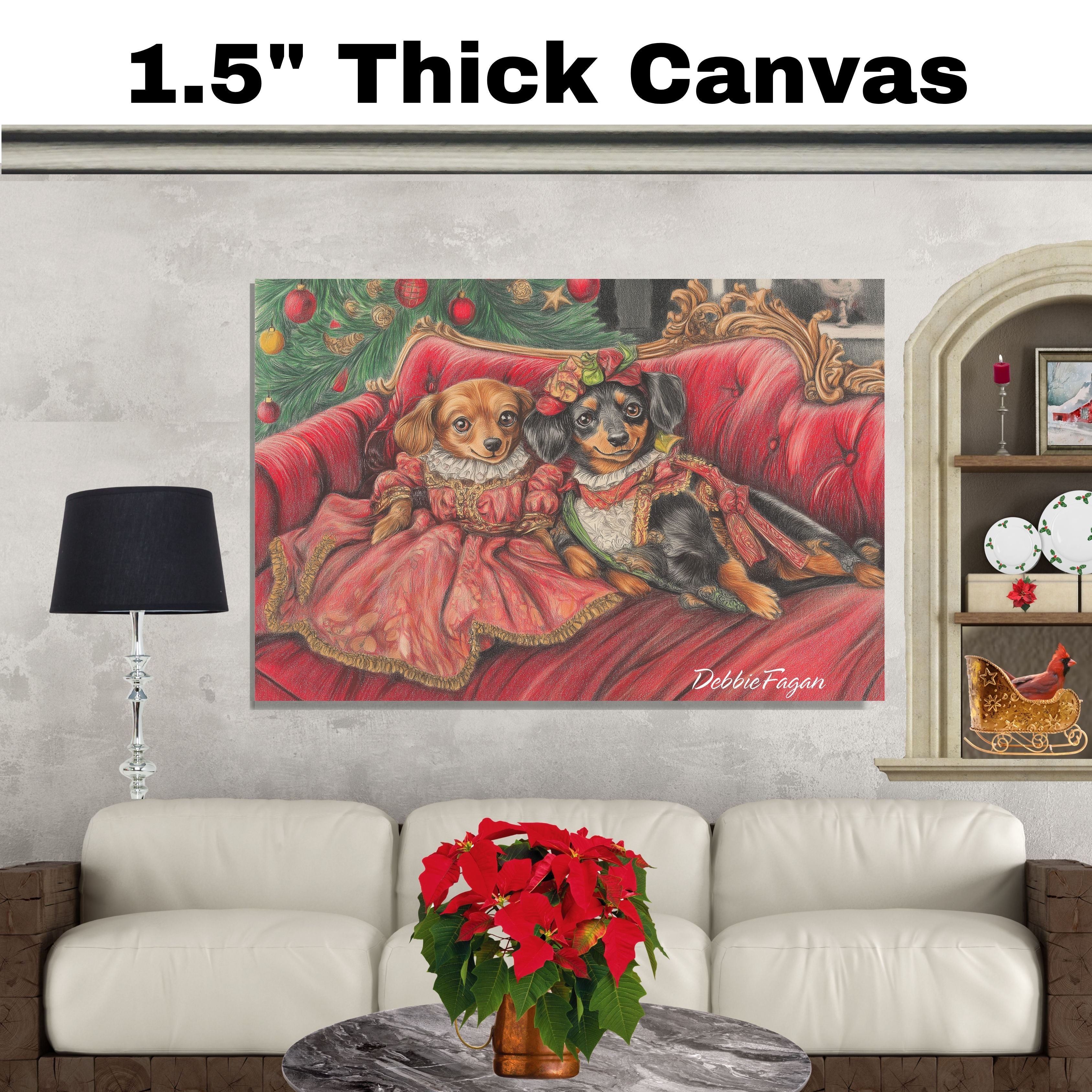 Christmas Canvas - "Stylish Doxies in Victorian Elegance" - Charming Dachshunds Dressed in Vintage Attire on Couch on Ready to Hang 1.5" Thick Canvas Wrap, Floating Framed Canvas, Flat Rolled Canvas