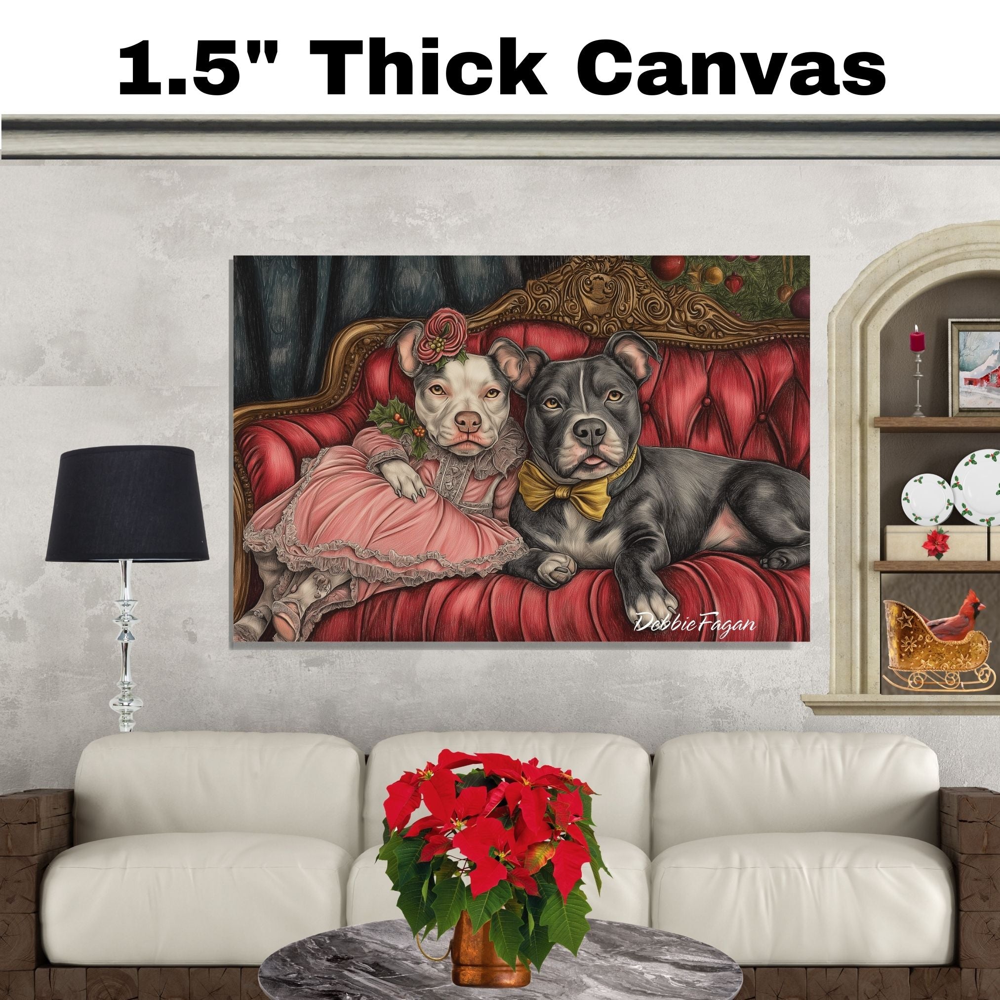 American Pit Bull Christmas Canvas - "Victorian Vibes: Posh Pit Bulls on a Couch" - Dressed in Vintage Attire on Ready to Hang 1.5" Thick Canvas Wrap, Floating Framed Canvas, Flat Rolled Canvas