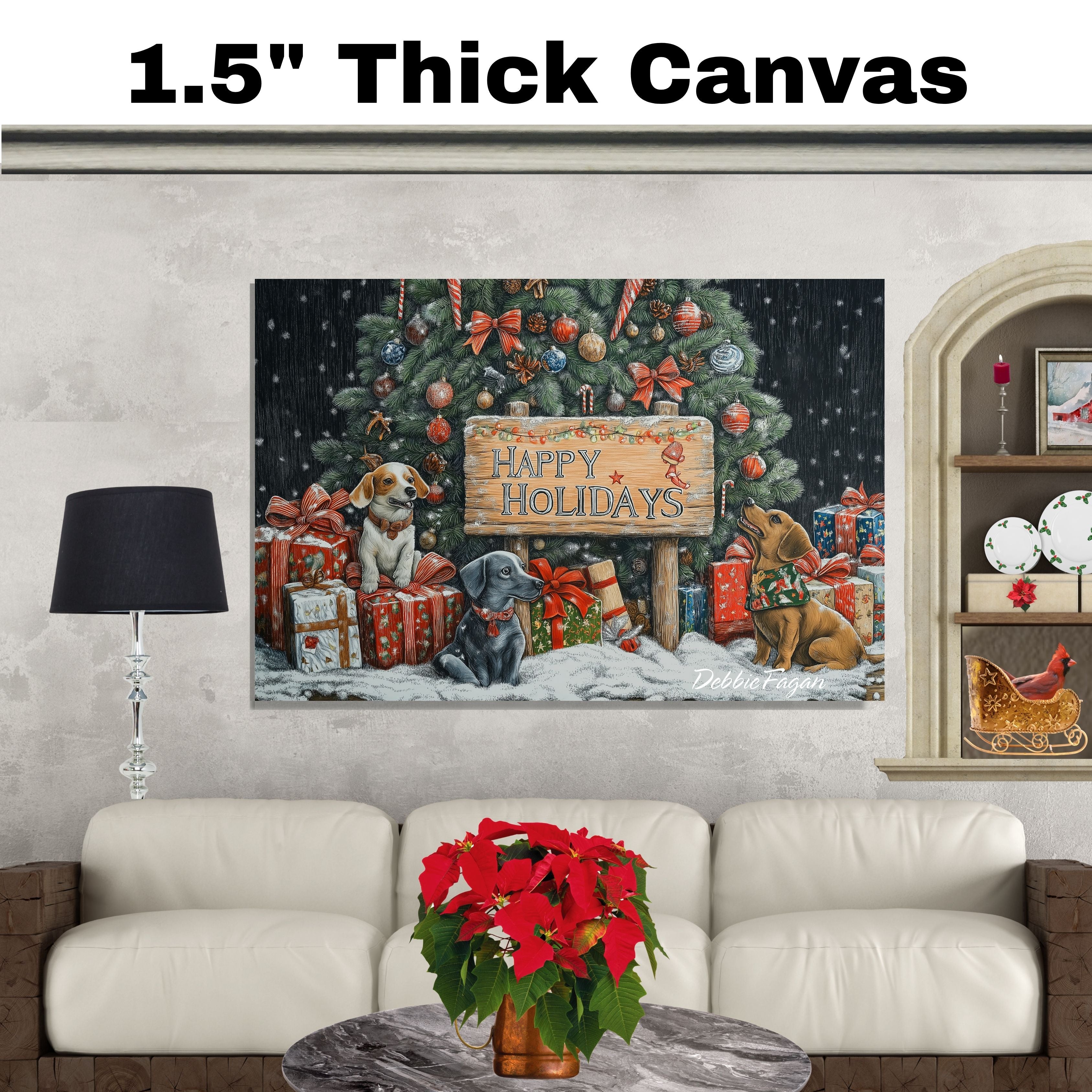 Christmas Canvas - "Puppy Wishes" - Cute Pups Surrounded by Gifts Under the Christmas Tree in a Winter Wonderland on Ready to Hang 1.5" Thick Canvas Wrap, Floating Framed Canvas, Flat Rolled Canvas