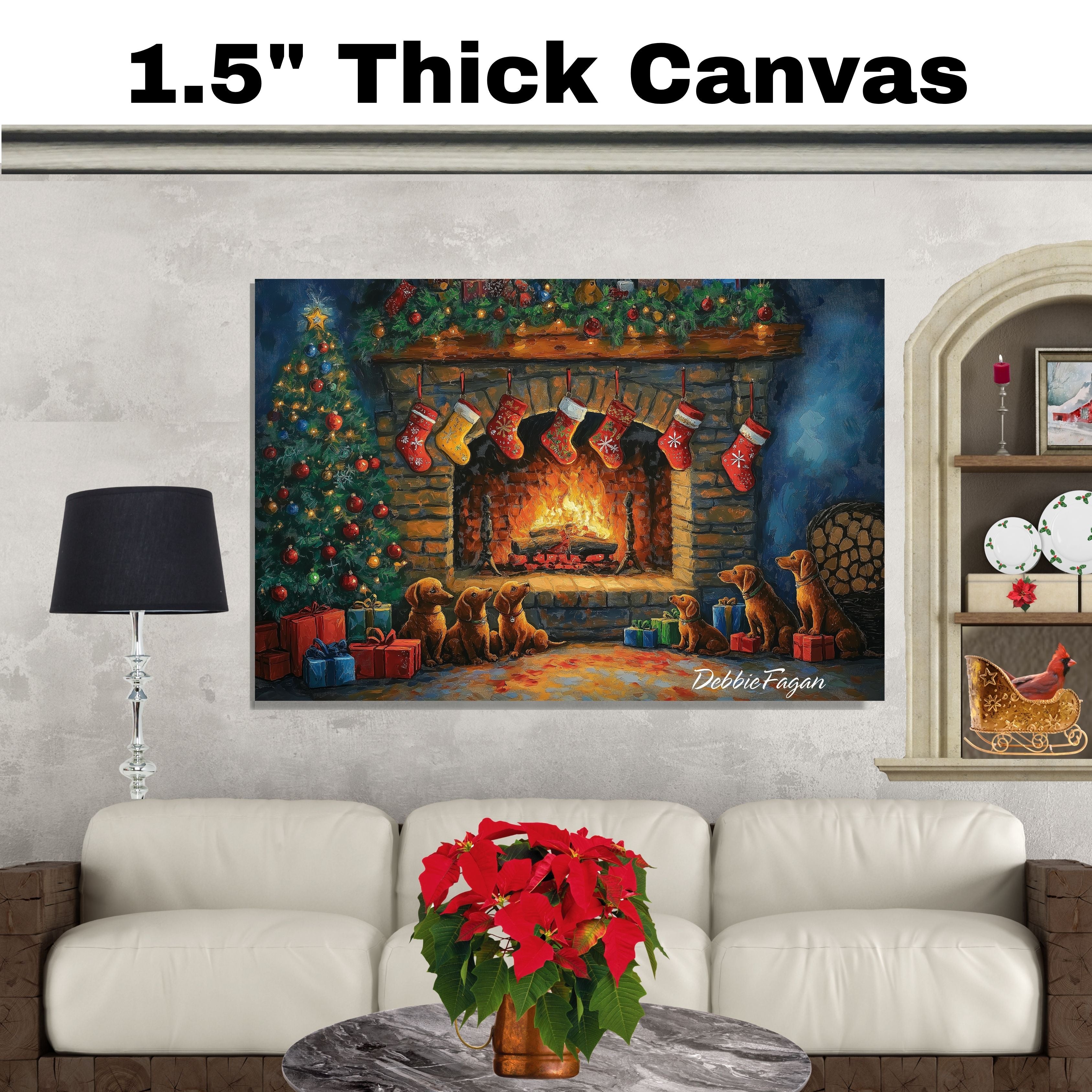 Dachshund Christmas Canvas - "Doxie Fireside Festivities" - Wiener by the Fireplace on Christmas Eve on Ready to Hang 1.5" Thick Canvas Wrap, Floating Framed Canvas, Flat Rolled Canvas