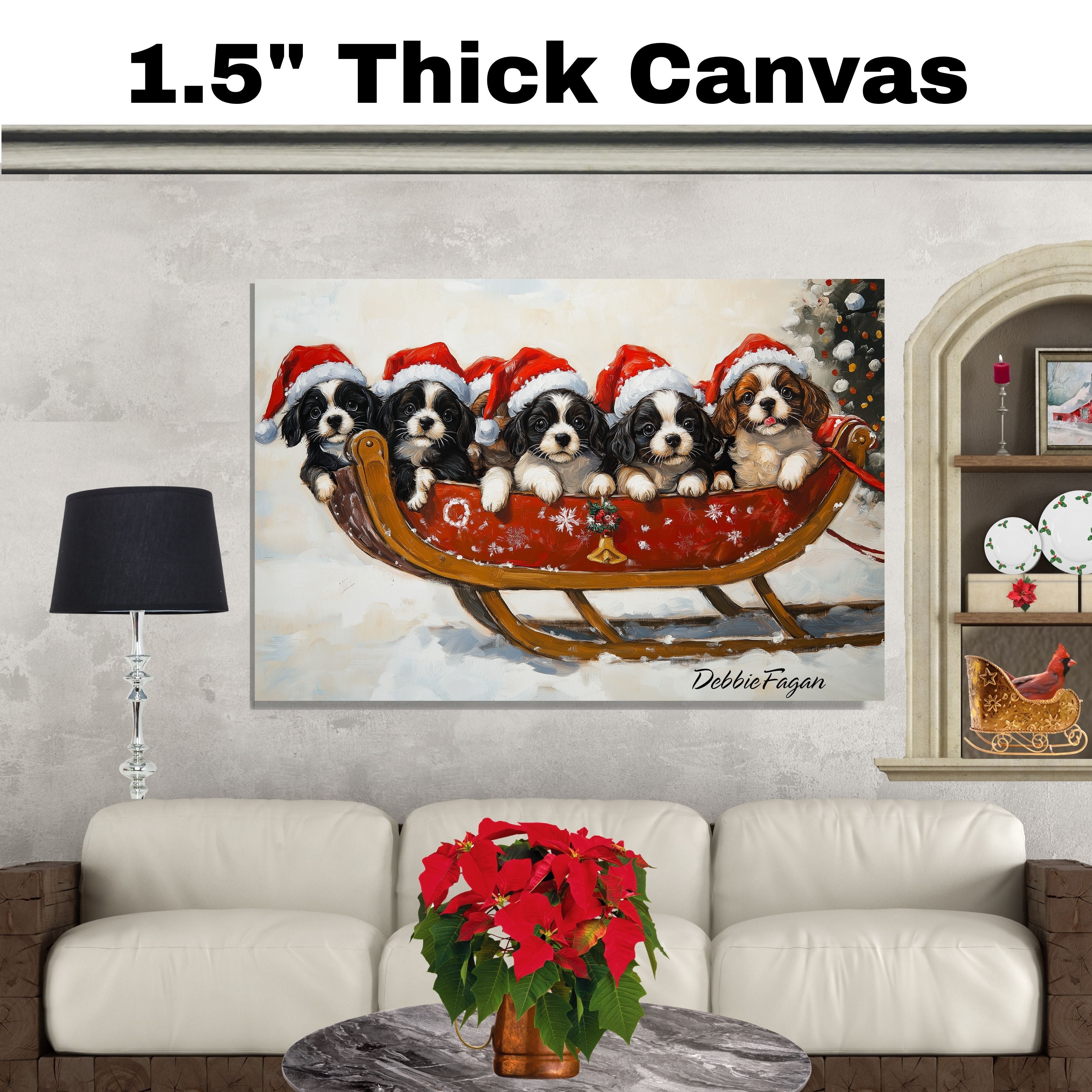 Dog Christmas Canvas  - "Santa's Little Helpers" - Adorable Puppies in Santa Hats on a Sleigh in a Winter Wonderland on Ready to Hang 1.5" Thick Canvas Wrap, Floating Framed Canvas, Flat Rolled Canvas