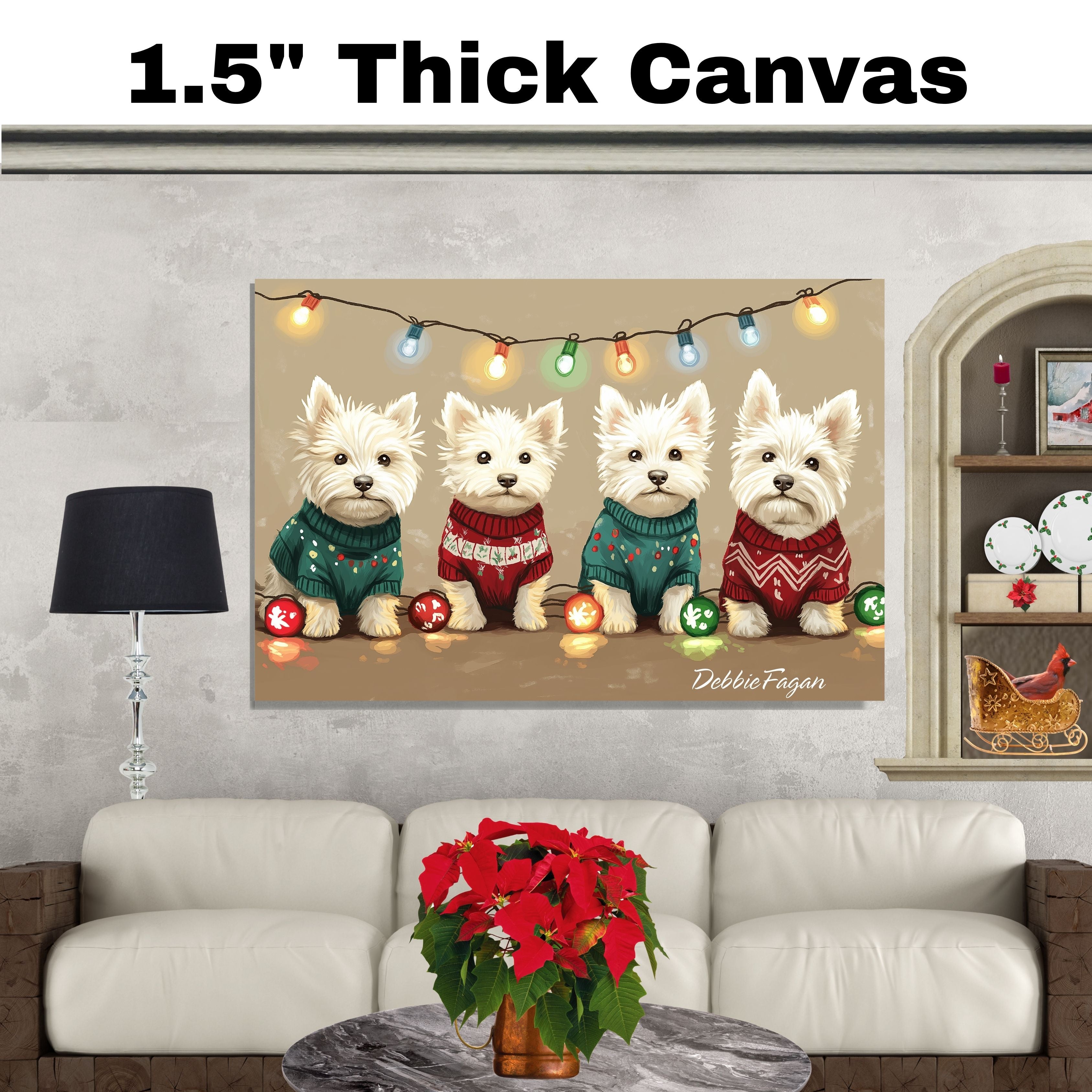 Dog Christmas Canvas  - "Highland Holiday Joy" - West Highland Terriers in Festive Sweaters with Christmas Lights on Ready to Hang 1.5" Thick Canvas Wrap, Floating Framed Canvas, Flat Rolled Canvas