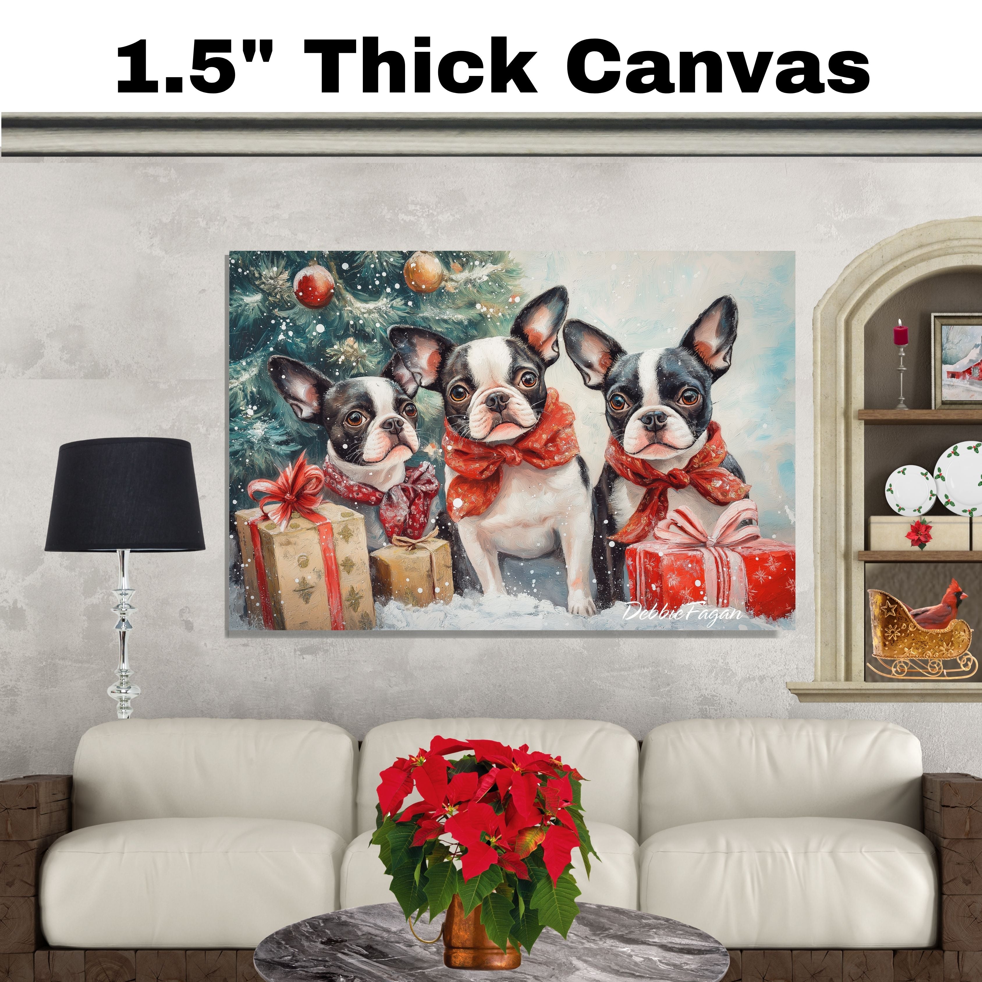 "Frenchie Winter Wonderland" - French Bulldogs Playing in the Snow Among Christmas Trees and Gifts on Ready to Hang 1.5" Thick Canvas Wrap, Floating Framed Canvas, Flat Rolled Canvas