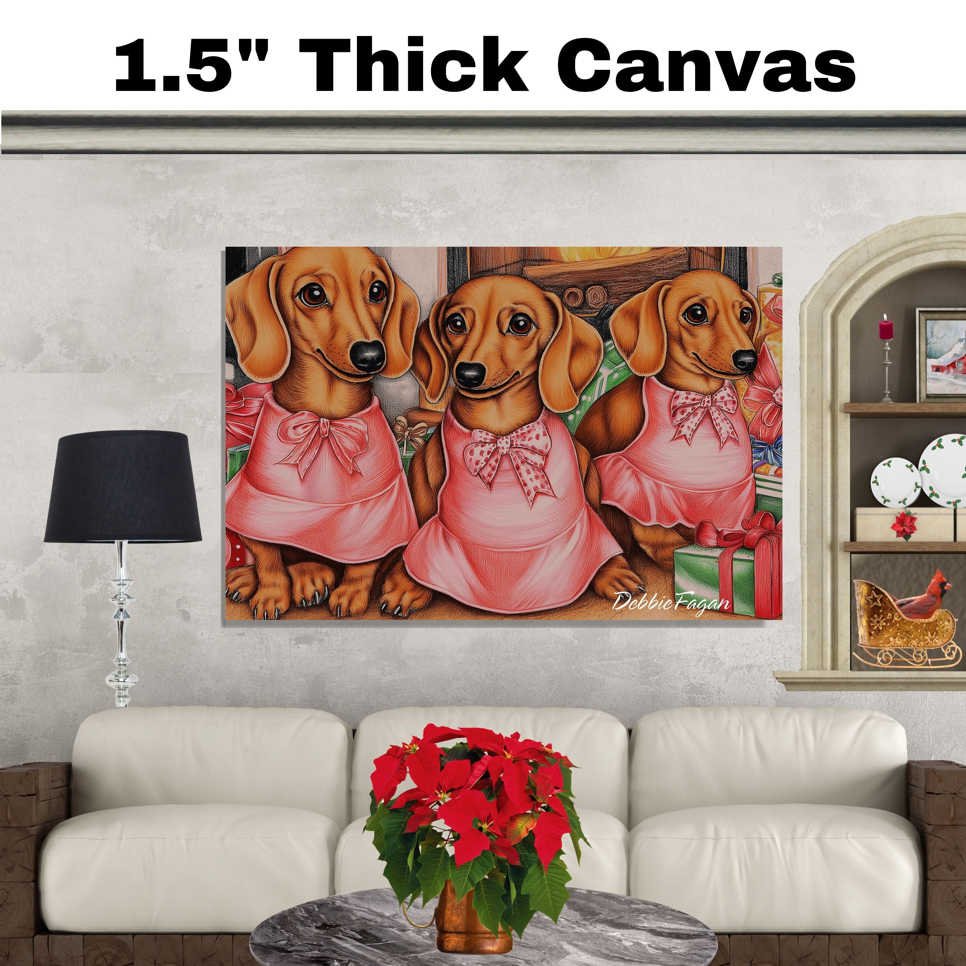 Dog Christmas Canvas - "Dachshund Delight" - Vintage-Inspired Art with Festive Presents on Ready to Hang 1.5" Thick Canvas Wrap, Floating Framed Canvas, Flat Rolled Canvas