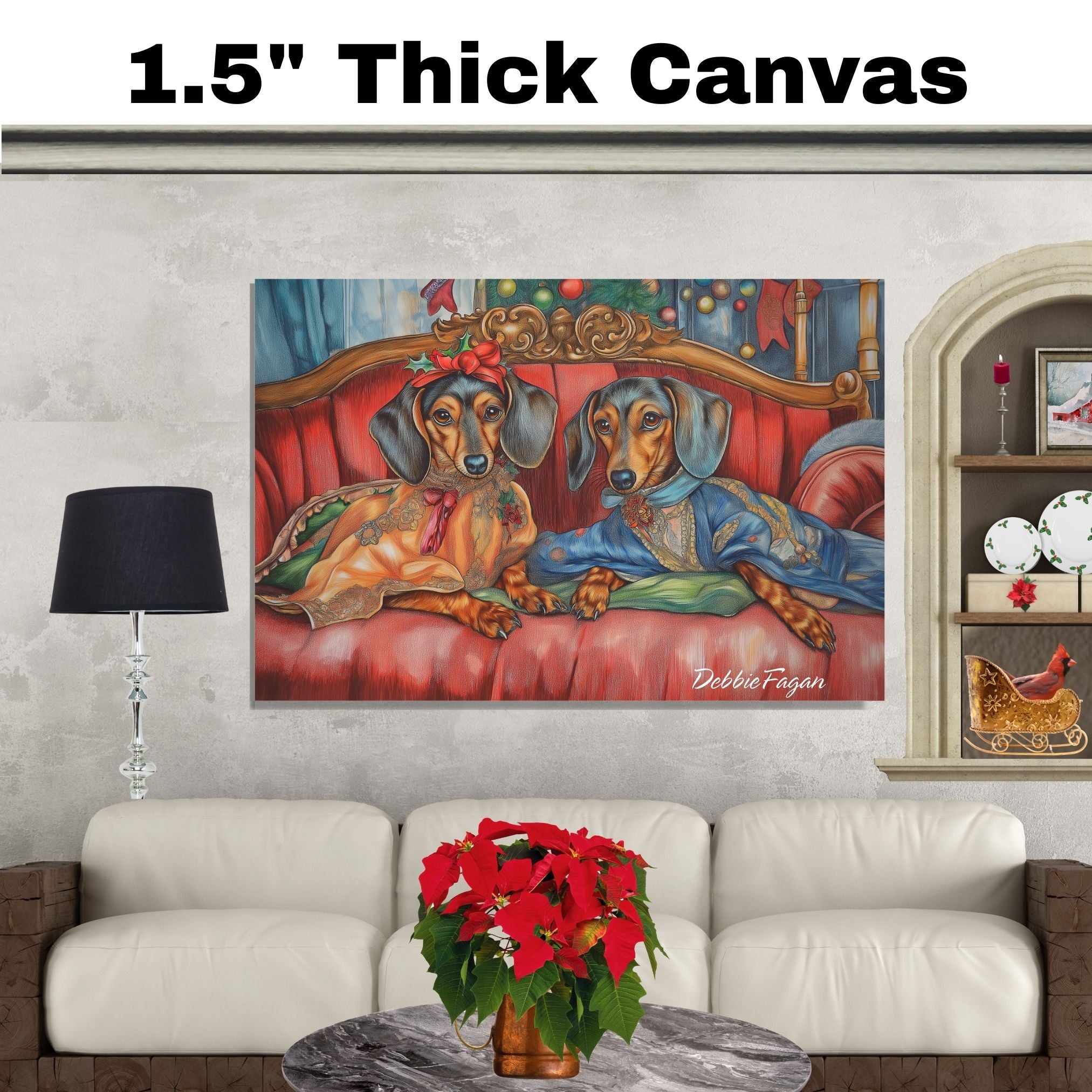 Dachshund Christmas Canvas - "Chic Doxies in Cozy Serenity" - Elegant Dogs Relaxing on a Couch on Ready to Hang 1.5" Thick Canvas Wrap, Floating Framed Canvas, Flat Rolled Canvas