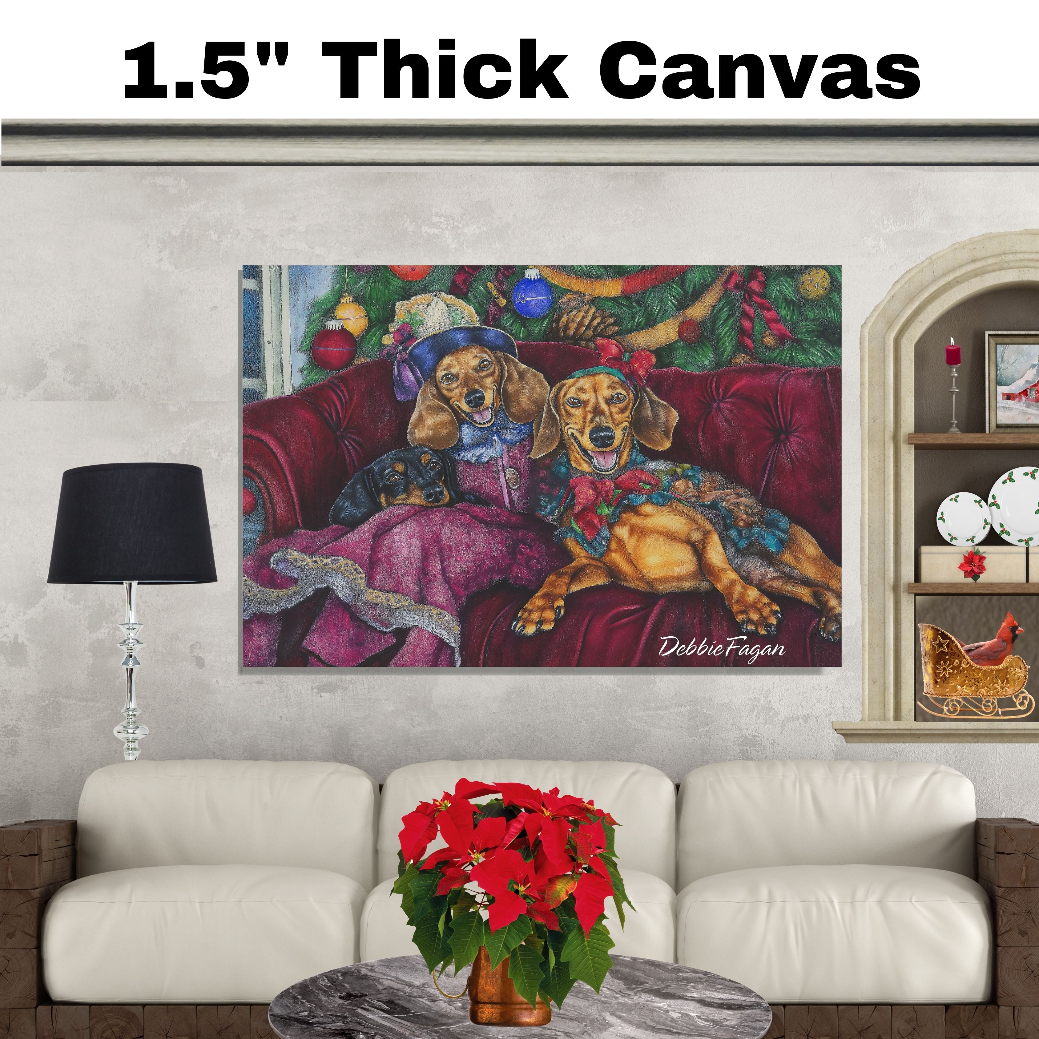 Dachshund Christmas Canvas - "Classy in Victorian Elegance" - Charming Doxie Dogs Dressed in Vintage Attire on Ready to Hang 1.5" Thick Canvas Wrap, Floating Framed Canvas, Flat Rolled Canvas